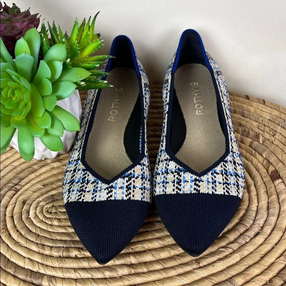 Rothy's Pointed Flat Knit Plaid Navy Cream Preppy 6 - Picture 3 of 9